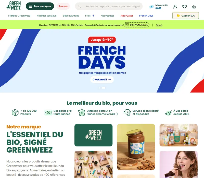 Page d’accueil de Greenweez, l’hypermarché bio en ligne : barre de recherche, rayons et bannière de promotion.