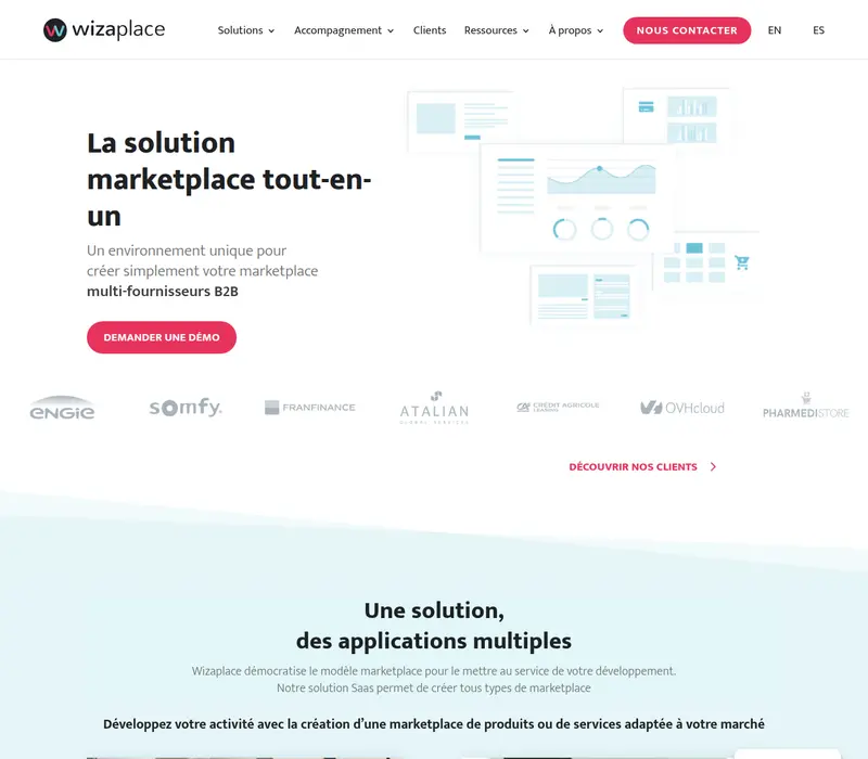 Page d’accueil de Wizaplace, la solution de création de marketplace : titre, bouton de démonstration et logos de ses clients.