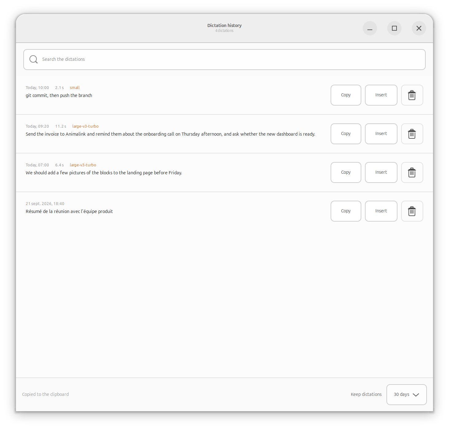 The whisper-desk history window: search, copy, insert again, delete