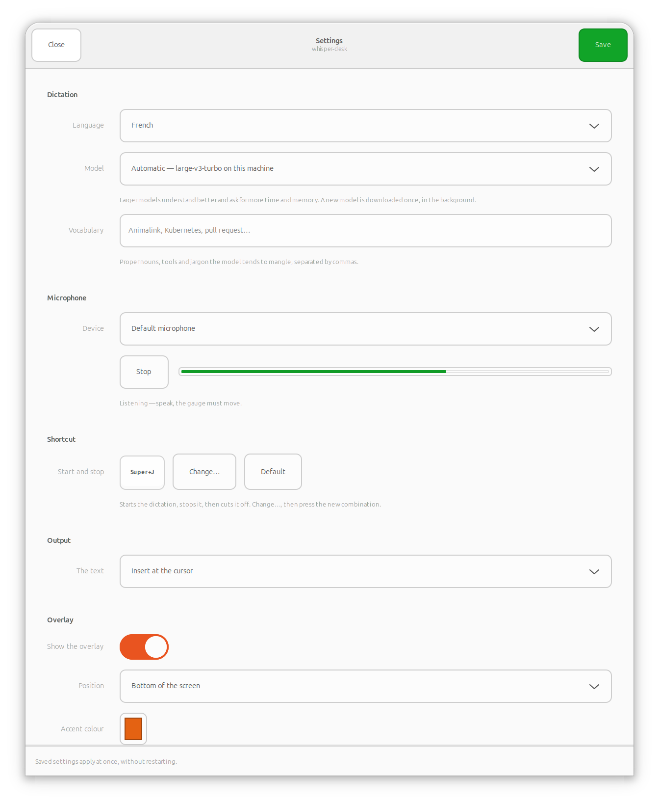 The whisper-desk settings window