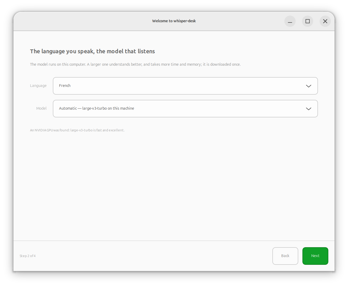 Welcome window: language and model